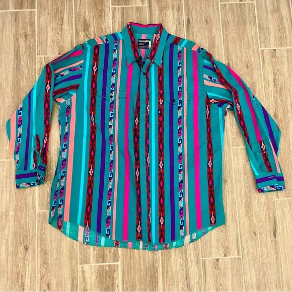 Wrangler Other - VTG Wrangler Long Sleeve Button Down Aztec X Long Tails Men Brushpopper 18-35